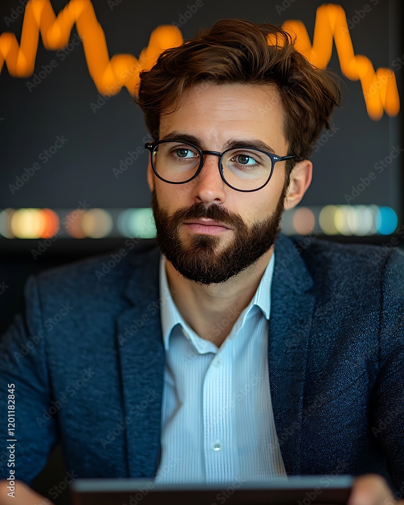 Poster a focused man with glasses in professional attire, contemplating in front of a backdrop featuring fi