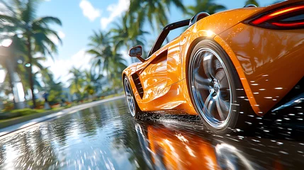 Orange sports car driving on a wet road, palm trees in background