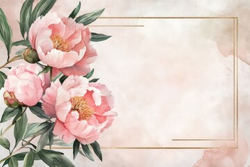 A luxurious invitation with watercolor peonies in soft pink hues, framed by a thin gold border and calligraphy text.