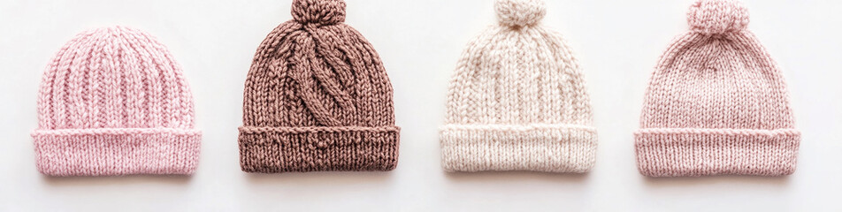 different pink and beige knitted hats isolated on a white background