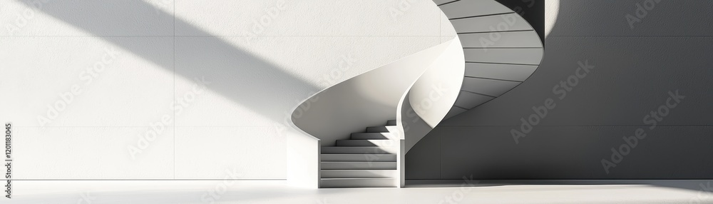 Poster a sleek, modern spiral staircase in a minimalist setting, featuring sharp lines and contrasting shad