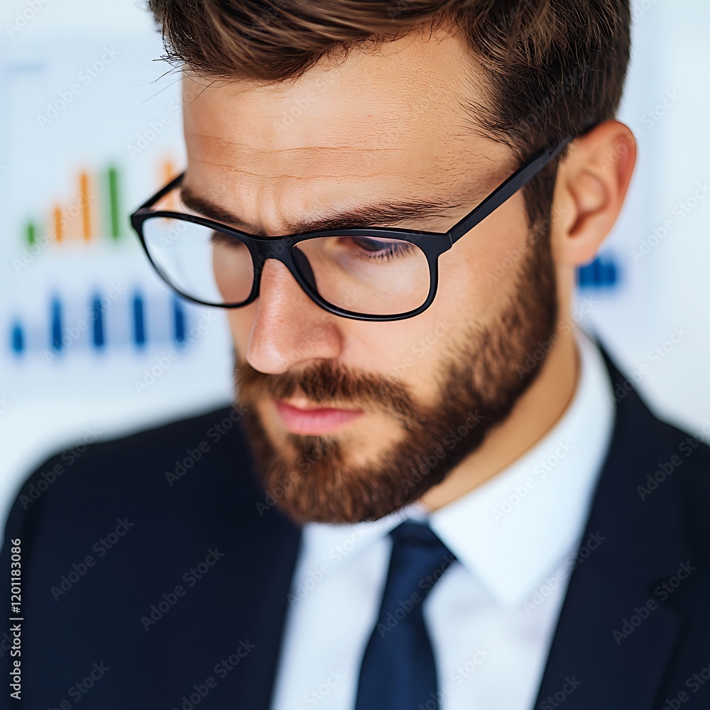 Poster a focused professional in a suit analyzes data represented in charts, reflecting a serious approach 