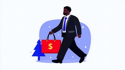 Confident Businessman Carrying a Gift Bag During Winter Holidays
