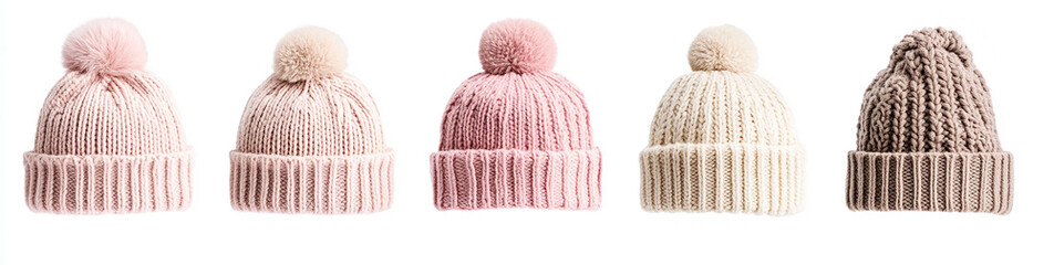 different pink and beige knitted hats isolated on a white background