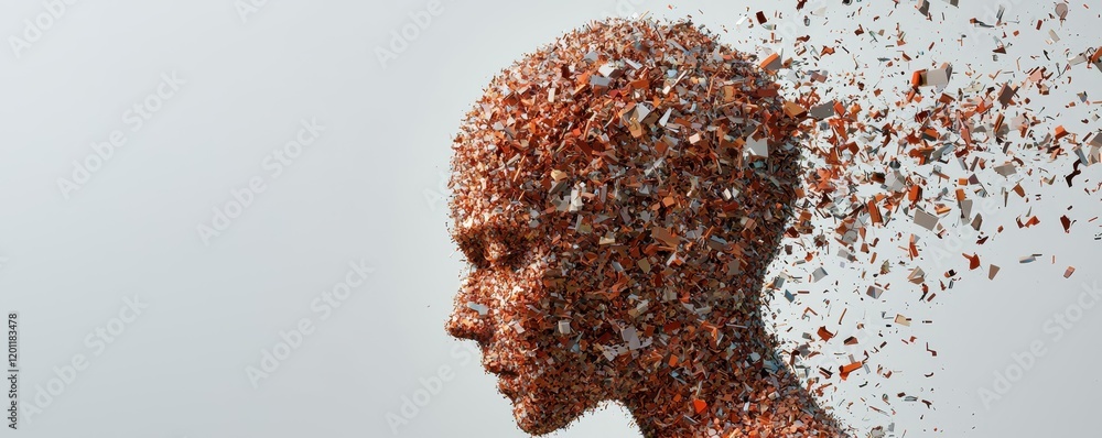 Poster a surreal depiction of a human figure dissolving into fragments, symbolizing transformation and the 