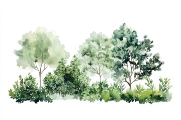 Obraz premium A horizontal watercolor composition featuring lush greenery, including trees and bushes, isolated on white for creative use.