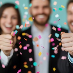 A joyful celebration with three people smiling and throwing colorful confetti, conveying happiness and excitement in a festive atmosphere.