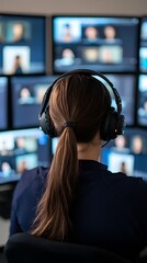 A person wearing headphones is focused on multiple screens displaying video calls, suggesting a virtual meeting or online collaboration.