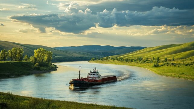 Tugboat navigates river with rolling green hills.