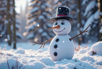 Fototapeta premium Cartoon Snowman in Snowy Forest