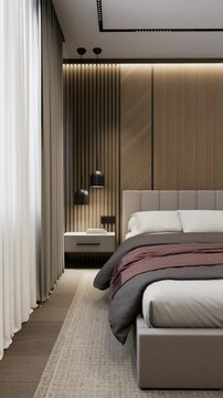 Small cozy bedroom with a TV area is designed in a modern style in warm colors. 3D rendering