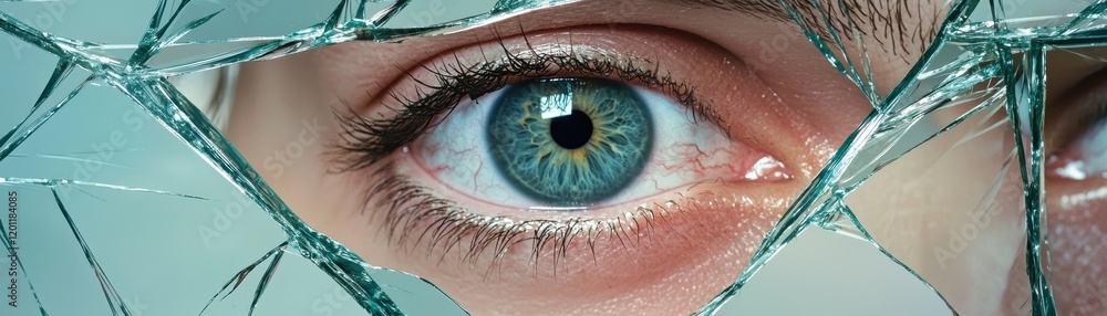 Poster a close-up view of a striking blue eye partially obscured by shards of glass, creating a sense of in