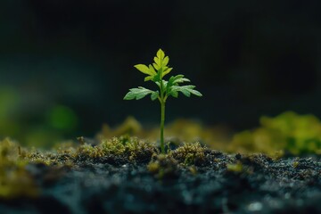 A macro shot of a young green seedling in moist dirt, with tiny leaves full of life and energy.