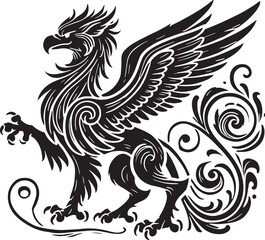 Black Color Mythic Bird Griffin Silhouette Vector Illustration, Solid White Background