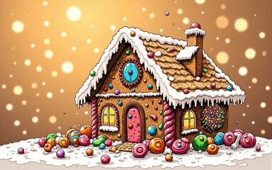 Illustrated Gingerbread House with Candy Decorations