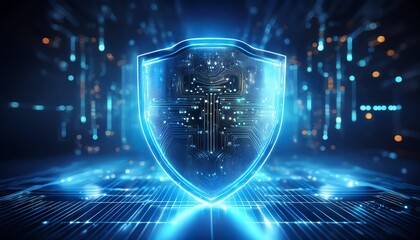 Obraz premium A glowing digital shield representing cybersecurity and data protection against a backdrop of futuristic technology.