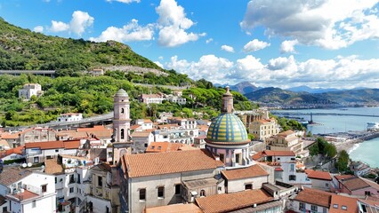 Obraz premium Vietri sul Mare, Amalfi Coast, Salerno, Italy. Aerial view of the seaside village famous for its ceramics. Tourist destination on the Amalfi Coast.