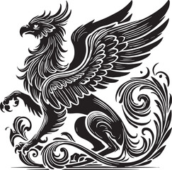Black Color Mythic Bird Griffin Silhouette Vector Illustration, Solid White Background
