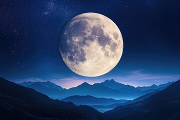 A large full moon low on the horizon, with faint outlines of mountains below.