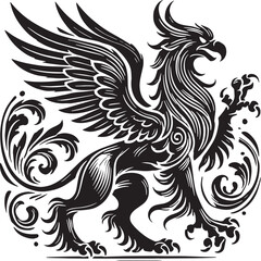 Black Color Mythic Bird Griffin Silhouette Vector Illustration, Solid White Background