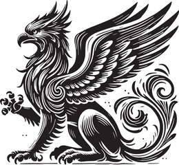 Black Color Mythic Bird Griffin Silhouette Vector Illustration, Solid White Background