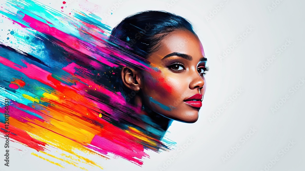 Poster explosion watercolor idea. a vibrant portrait of a woman with colorful artistic splashes creating a 