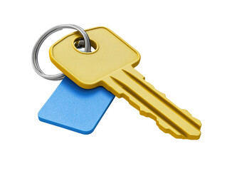 Isolated Yellow Key with Blue Tag and Ring