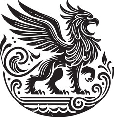 Black Color Mythic Bird Griffin Silhouette Vector Illustration, Solid White Background
