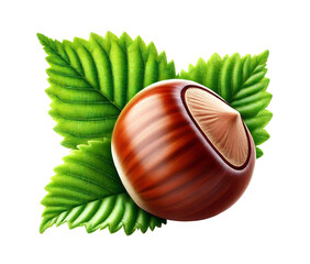 Hazelnut with leaves isolated on white background with clipping mask.
