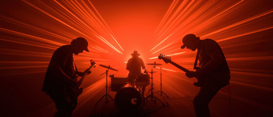 Fototapeta premium Silhouetted rock band performing under dynamic red lighting effects.