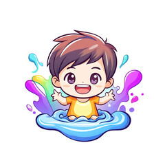 Joyful child playing in water backyard pool cartoon style vibrant colors upbeat mood