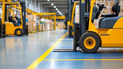 Industrial warehouse with yellow forklifts and stacked boxes in a spacious environment.