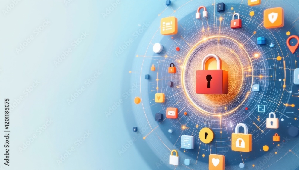 Poster cybersecurity concept: digital network with locks and icons illustrating data protection