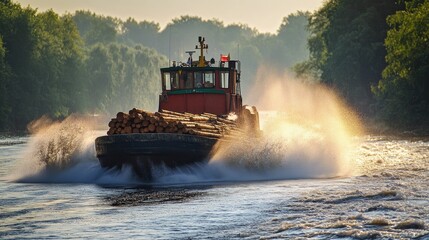 Tugboat pushes logs, creating bright spray in water.