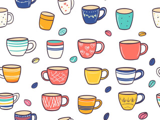 Fototapeta premium A charming pattern of coffee mugs with pastel tones and delicate designs, featuring stripes, hearts, and floral motifs on a white background. 