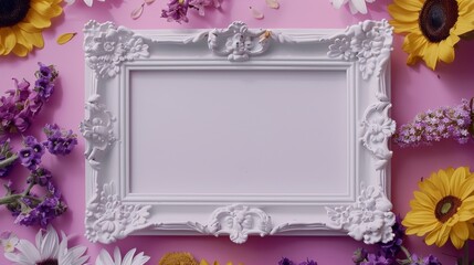 A blank white picture frame with metal relief designs in the middle surrounded by violets and...