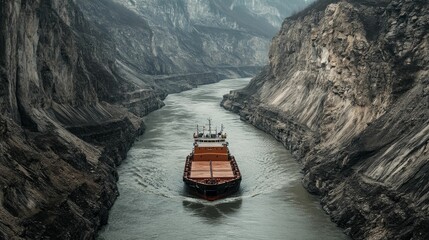 Fototapeta premium Cargo ship floats through a large river canyon.