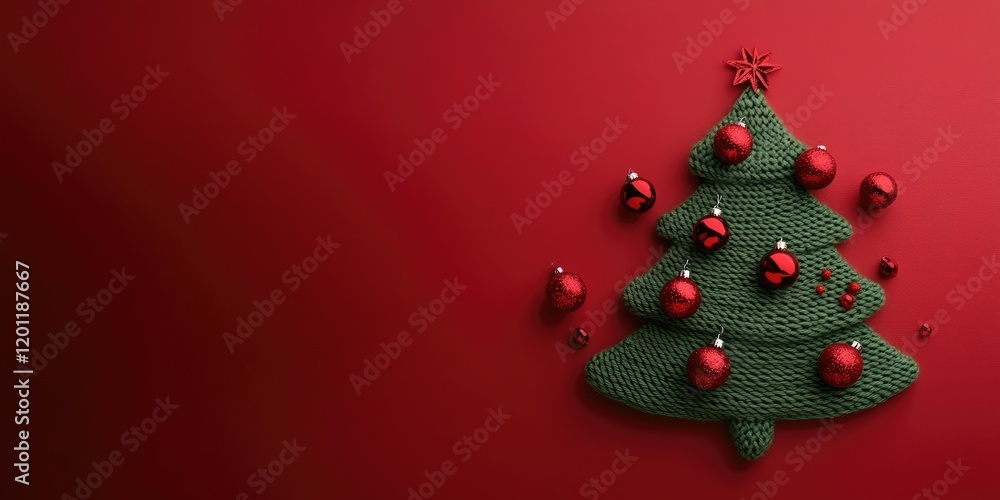 Poster handmade green knitted christmas tree adorned with shiny red ornaments set against a deep red gradie