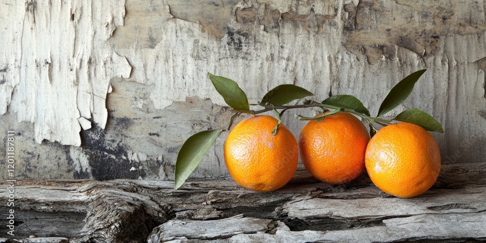 Poster three ripe tangerines with green leaves positioned on a textured weathered wood surface against a ru