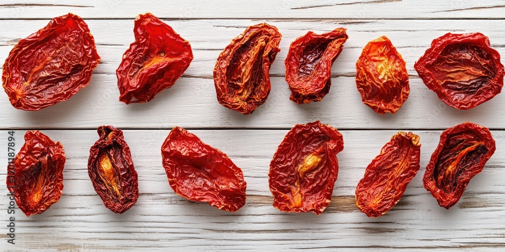 Poster sun dried tomatoes in various shapes and sizes displayed on a light wooden table background with nat