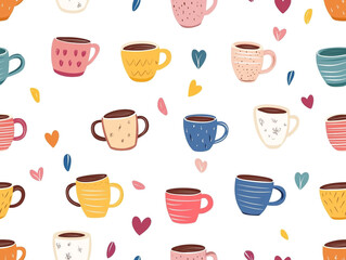 A charming pattern of coffee mugs with pastel tones and delicate designs, featuring stripes, hearts, and floral motifs on a white background.
