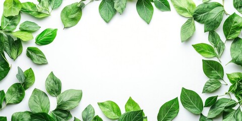 Natural green leaf border frame on a white background ideal for text insertions with vibrant shades of green arranged symmetrically around the edges