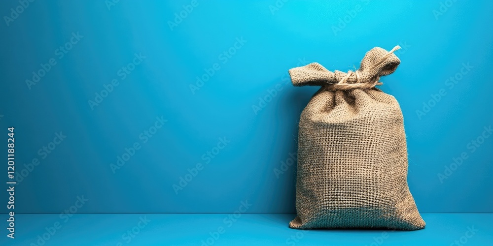 Poster burlap bag placed on the right side against a vibrant blue background with empty space highlighting 