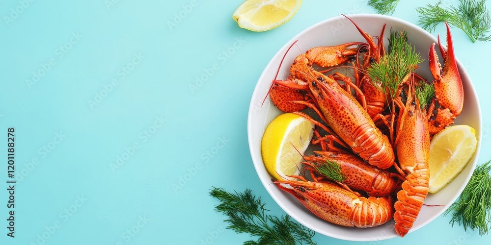 Poster boiled crayfish with lemon and dill in a white bowl on a light blue background flat lay style with s