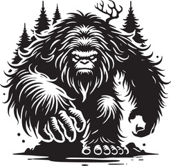 Black Color Mythic Creature Yeti Silhouette Vector Illustration, Solid White Background