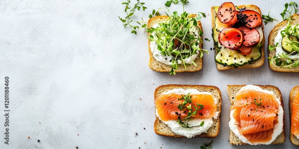 Poster delicious open-faced sandwiches with cream cheese salmon and microgreens arranged on a light grey ta