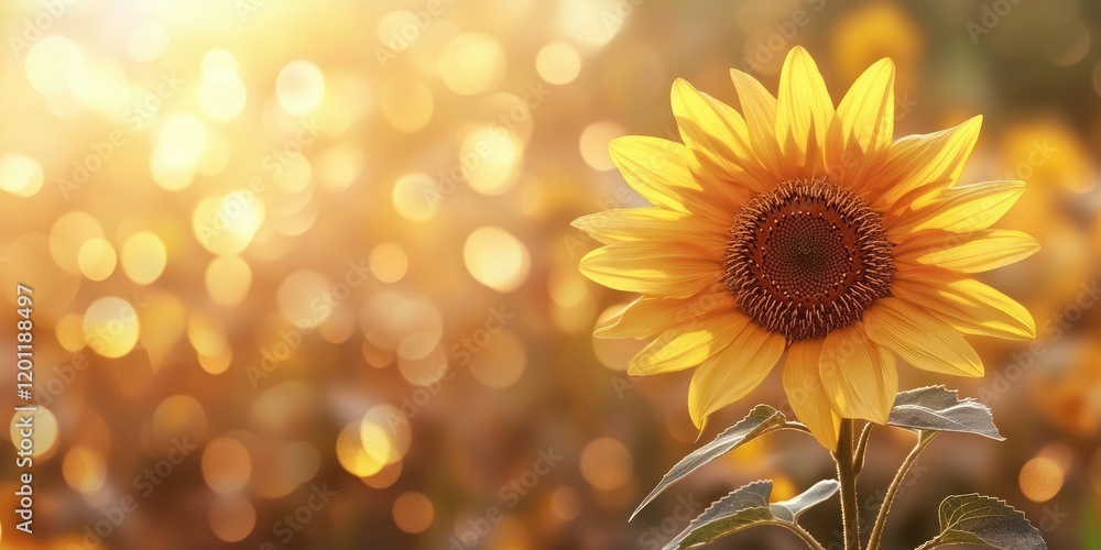 Poster vibrant sunflower in sharp focus with blurred golden bokeh background, positioned right, ample copy 
