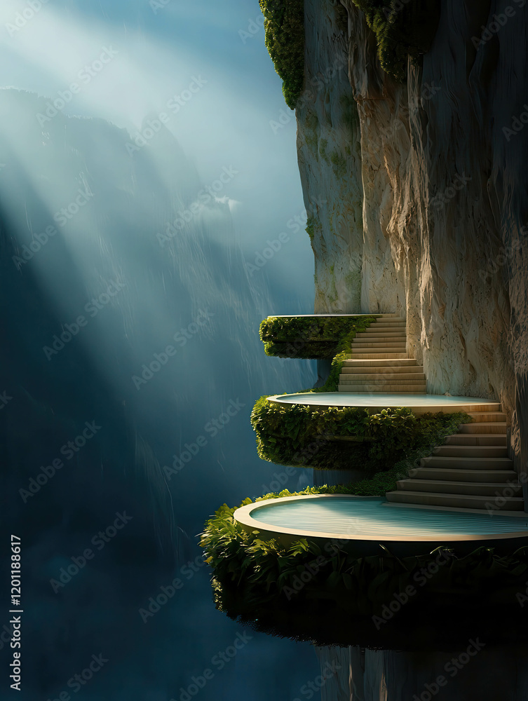 Poster vertical oasis within towering cliffside surrounded by ethereal light and unique design