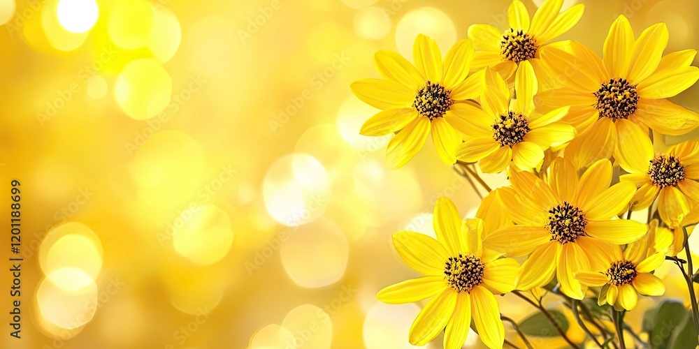 Poster vibrant yellow daisies clustered on the right against a soft golden bokeh background creating warm, 