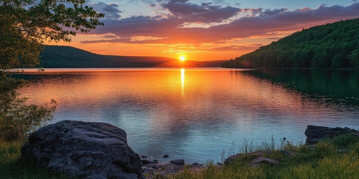 Serene sunset over a tranquil lake surrounded by lush green hills featuring vibrant orange and purple hues reflecting on the water's surface.